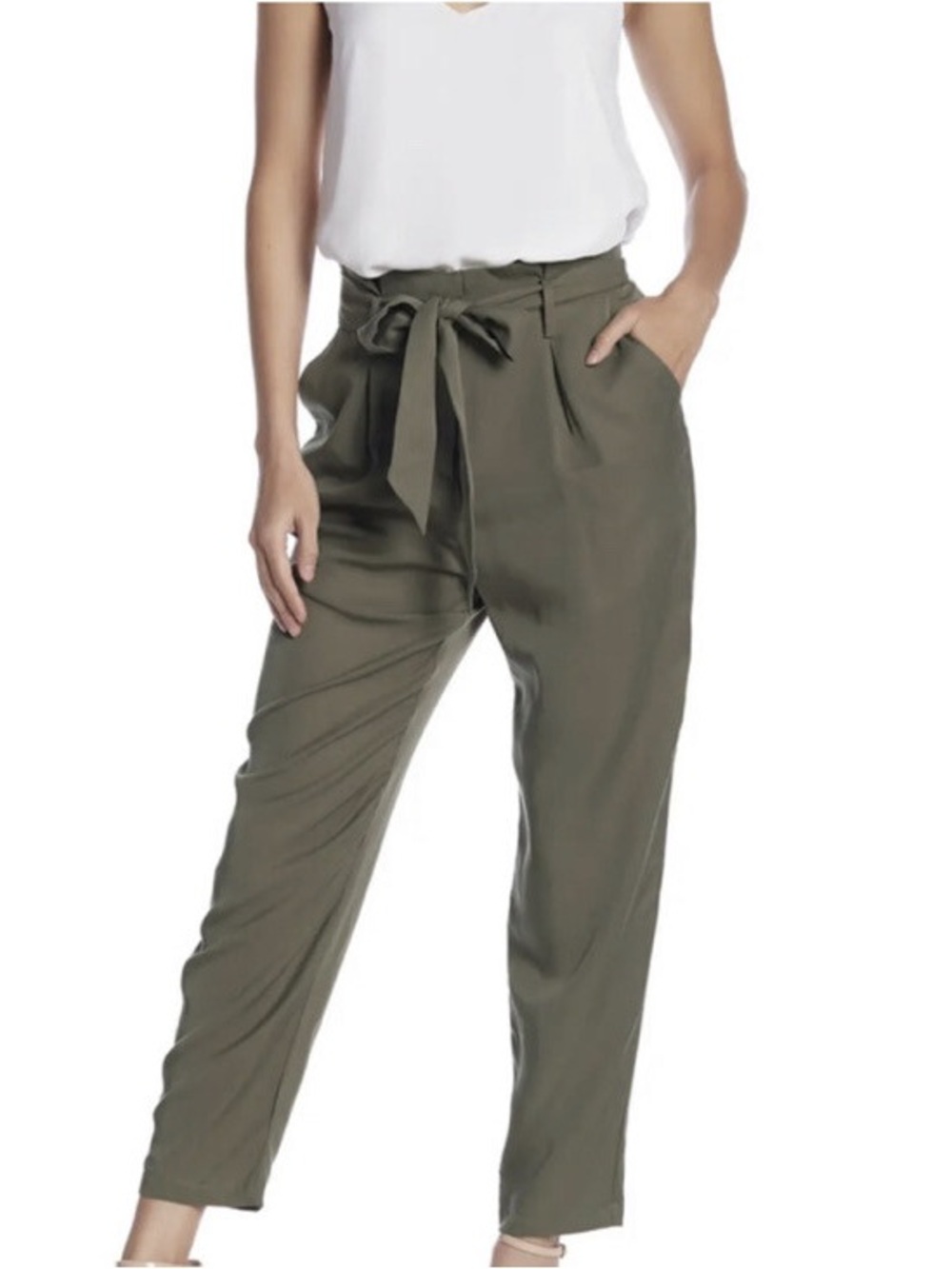 High-Rise Paperbag Tie-Waist Pants - Olive Green